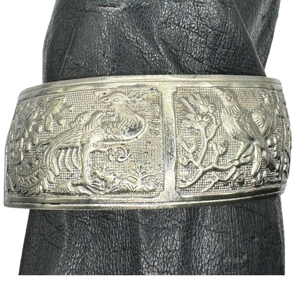 Tibetan Silver Bangle Cuff Bracelet with Peacocks, Love Birds and Deer Scenes - Picture 2 of 12